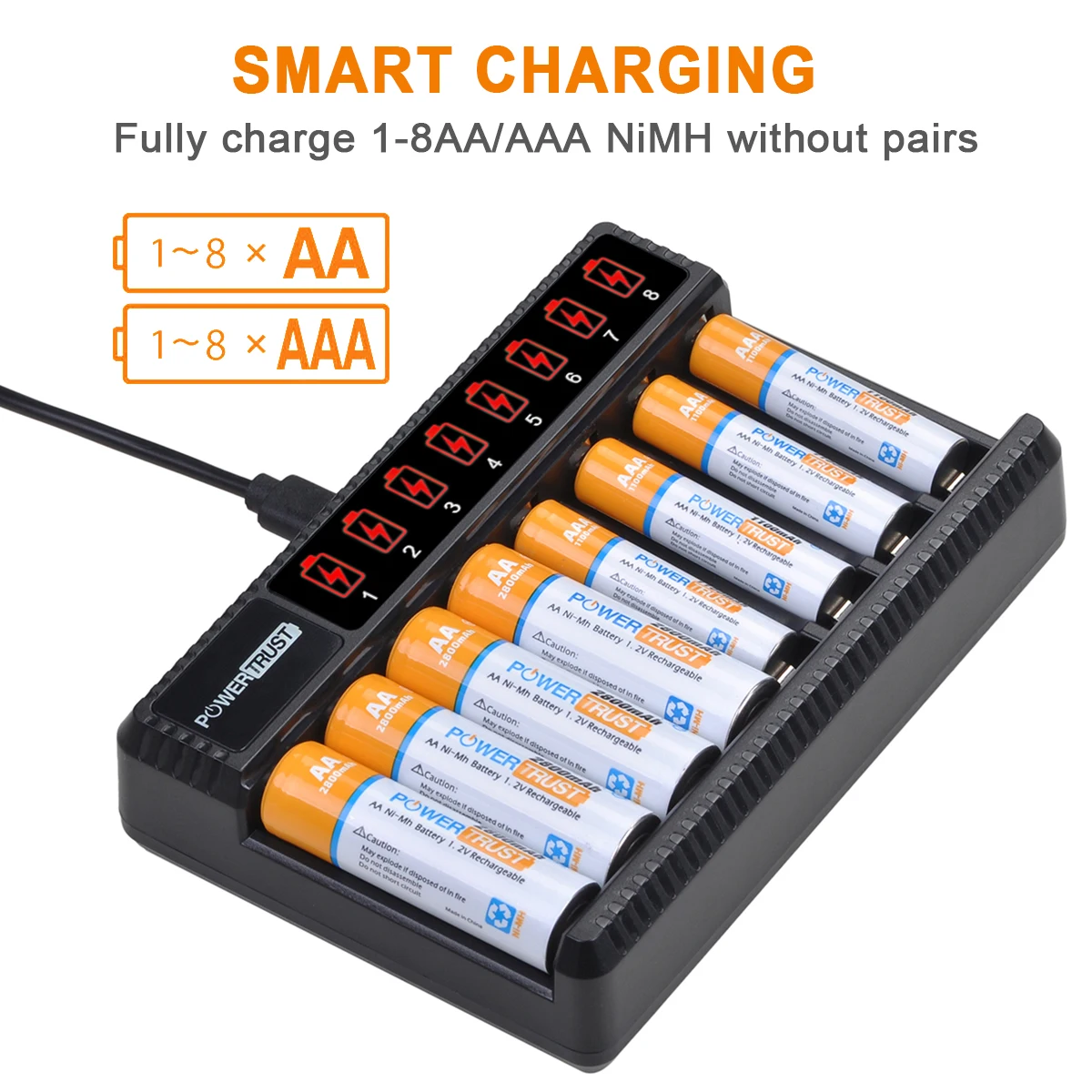 AA AAA Battery Charger 8 Slots Fast Charge with LCD Display for AA AAA Ni-MH Rechargeable Batteries