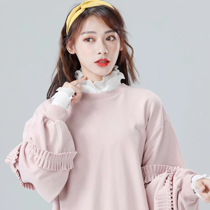 Korean Women 2 Pieces Layered Ruffled Stand False Collar with Fake Sleeves Wristband Set Button Down Detachable Half Shirt DXAA