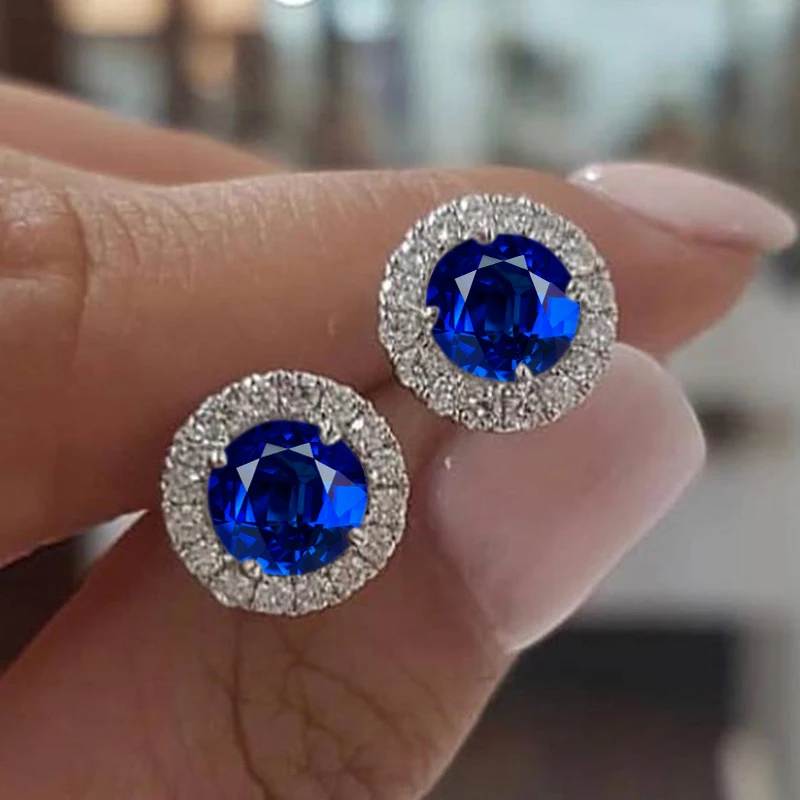 Cute Female Blue Round Zircon Stone Luxury Silver Color Stud Earrings Vintage Wedding Jewelry For Women