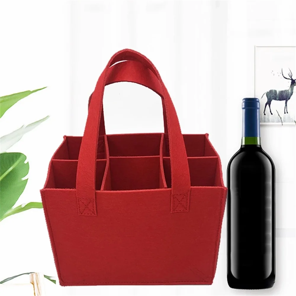 Reusable Fashion Felt Bag Wine Holder Beer Bottle Shopping Tote Bag Bottle Carrier with 6 Bottles Divider Washable