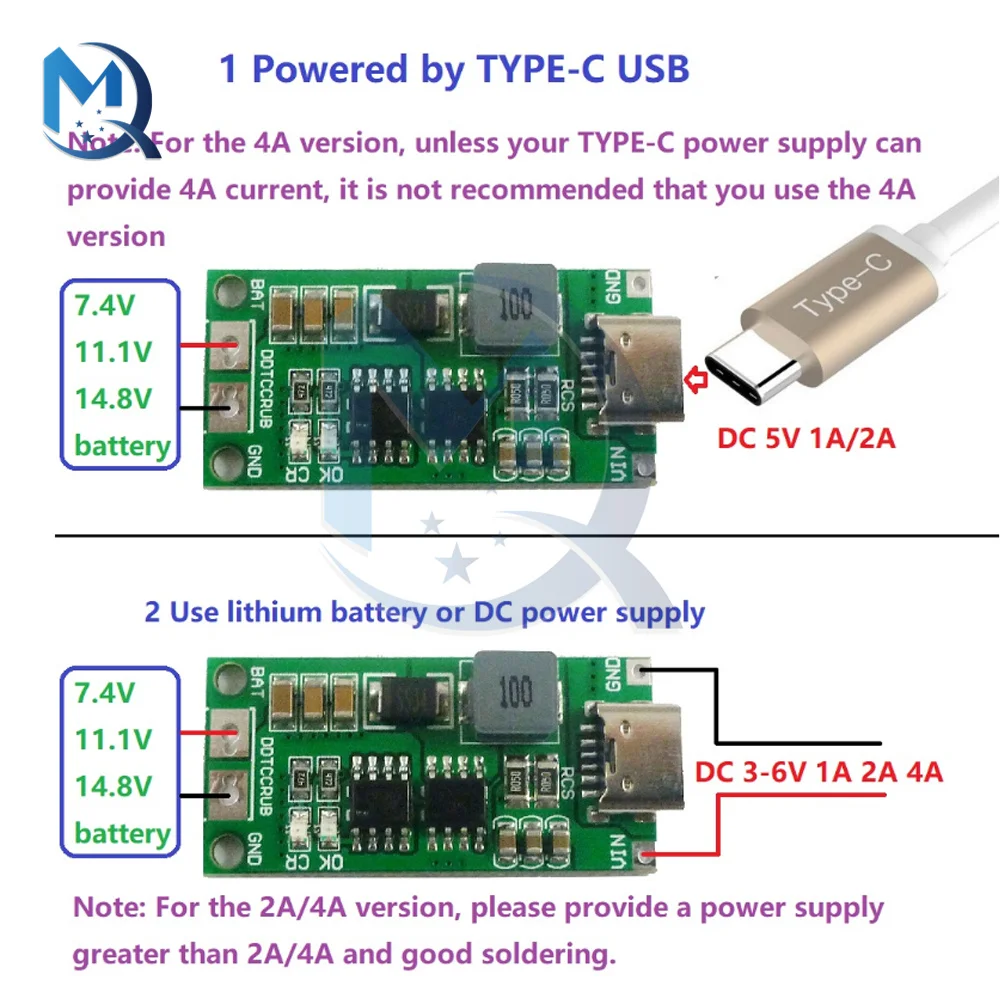 2S 3S 4S Type-C Step-Up Boost LiPo Polymer Li-Ion Charger 7.4V 11.1V 14.8V 18650 Lithium Battery Multi-Cell Charger Board