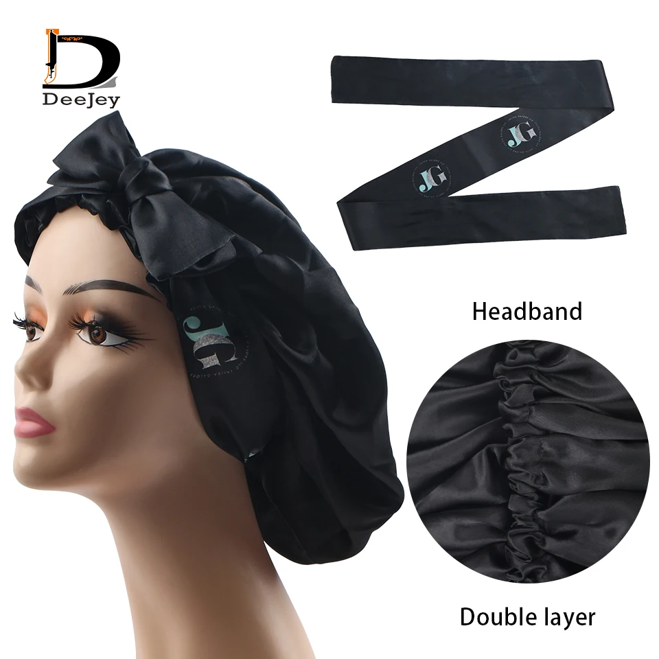 Custom logo Virgin Hair extention wigs satin silk wrapping edge control frontal head band double layer bonnet