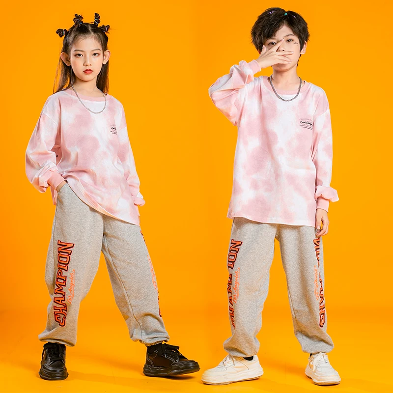 Kids Kpop Dancing Clothing Tie Dye Sweatshirt Tops Streetwear Jogger Pants For Girls Boys HIP HOP Jazz Dance Costume Clothes