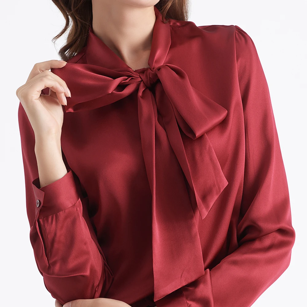 LILYSILK Spring Women Silk Bow Tied Blouse New Femme Long Sleeve Turn Down Collar Top Office Lady Essentials Free Shipping