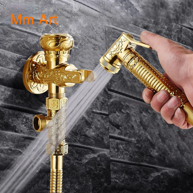 

European-Style Copper Angle Valve Health Faucet Flusher Toilet Golden Spray Gun Mop Pool Washing Machine Antique Faucet Suit