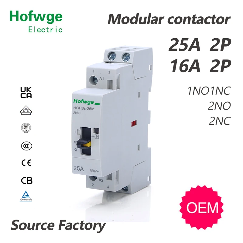 HCH8s-25M 2P  20A 220V Din Rail Household AC Modular Contactor With Manual Control Switch 2NO 1NO1NC or 2NC