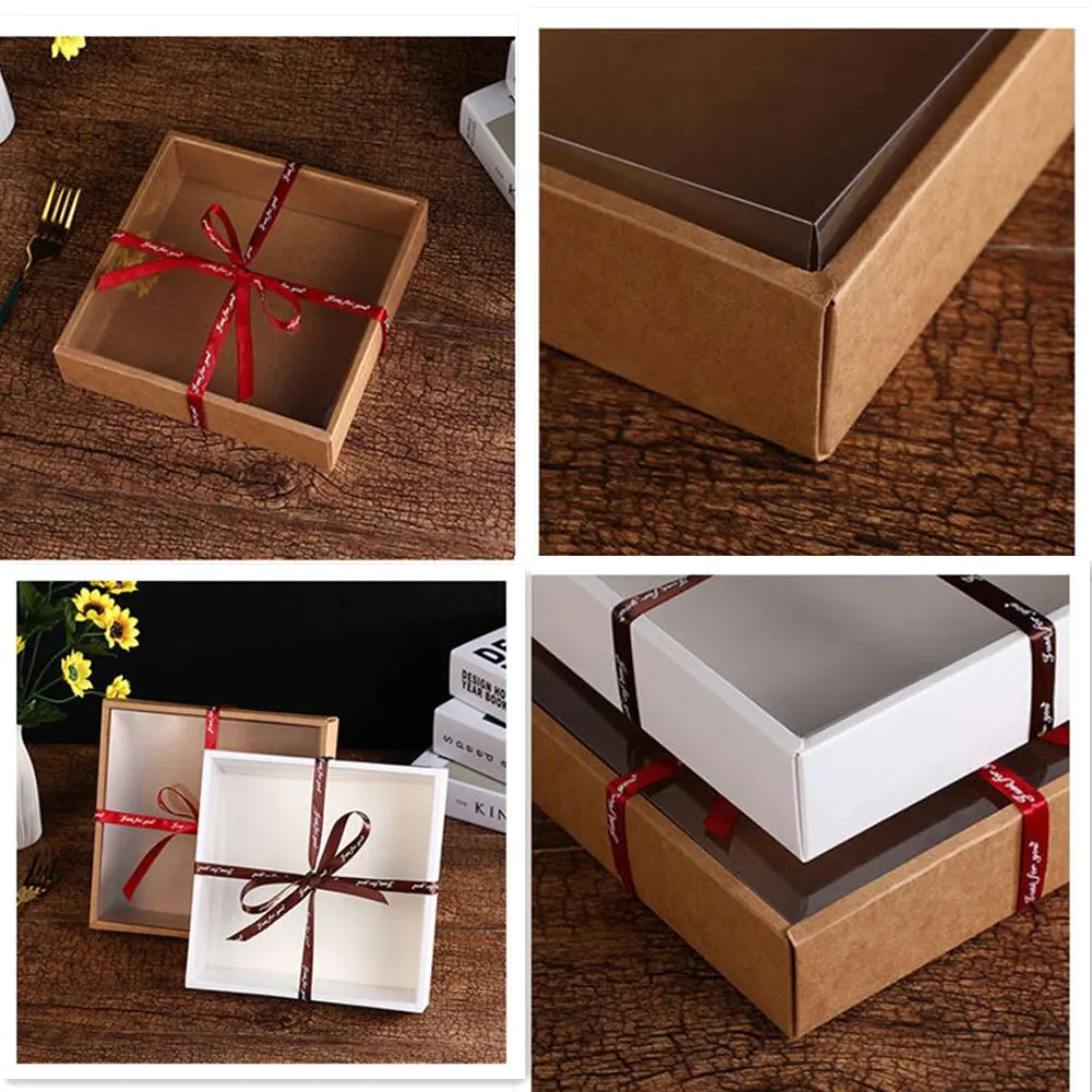 Transparent PVC Window Gift Box, White Kraft Paper, Wedding Party Favors Packaging Boxes, Cake Cardboard Box with Ribbon, 10Pcs