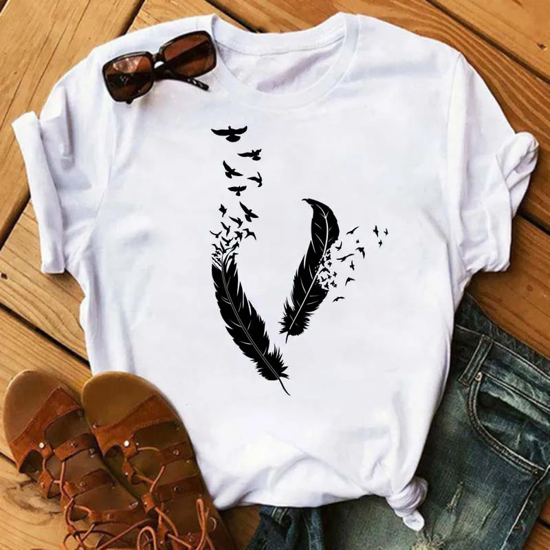 Fashion Women T Shirt Funny Butterfly Feather Print Tshirt T Shirt Summer Short Sleeve Tops Tee Female Feather T-shirts