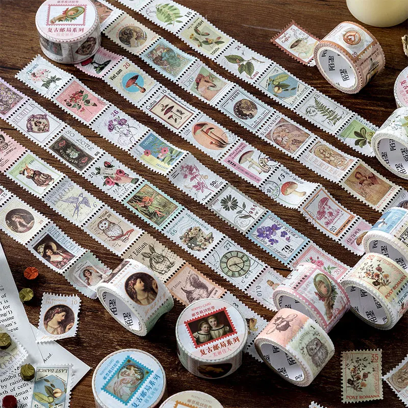 8 Designs Retro Post Office Stamps Masking Tapes Bullet Journaling Scrapbooking Plant Mucha Tearable Hand Account Deco Stickers