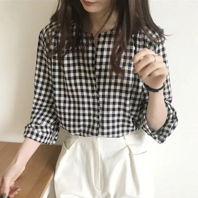 Autumn Women  Round Neck Plaid Loose Sweet Casual Long-sleeved Shirt Chic Plaid Gentle Blouses New Korean