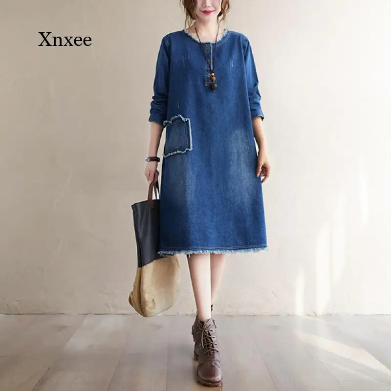 

2021 Fashion Denim Skirt Long-Sleeved Raw Edge Retro Spring Dress with Split Ends Female Autumn Casual Midi Skirt