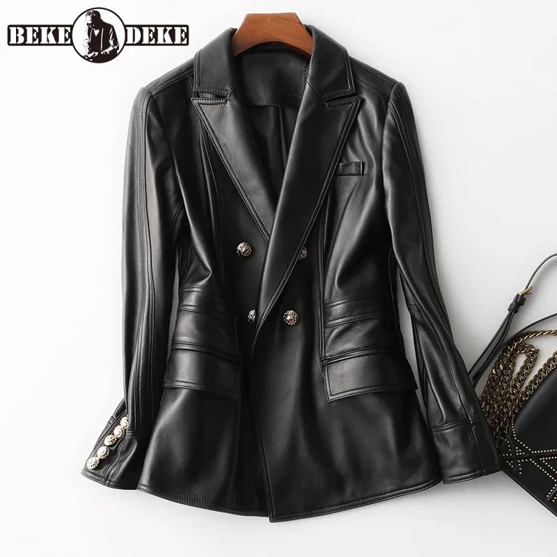 

Fashion Office Ladies Sheepskin Genuine Leather Jacket Slim Fit Buttons Women Outwear Coat Moto Biker Jacket Leather Veste Femme