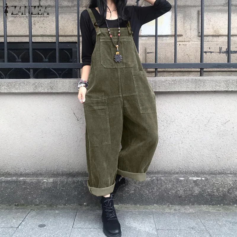 Corduroy Suspender ZANZEA 2023 Fashion Women Solid Casual Baggy Jumpsuits Vintage Overalls Straight Pantalon Pants Maxi Rompers