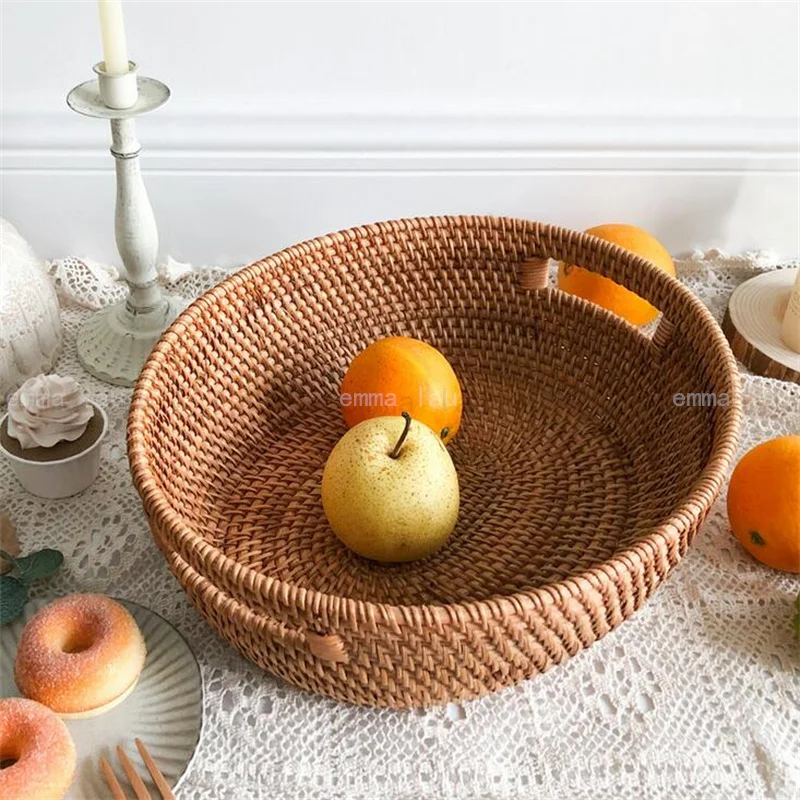 

Rattan Woven Fruit Basket With Handle Food Home Storage Basket Tray Binaural Woven Basket For Vegetables