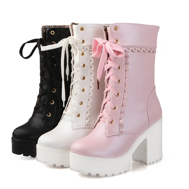 YQBTDL Fashion Young Square Heels Booties Lace Up Platform Autumn Ankle Boots for Women Pink White Black Biker Cosplay Boot Lady