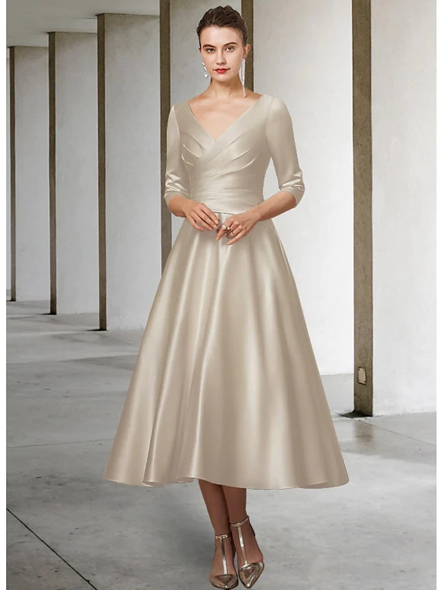 Simple Mother of the Bride Dress Plus Size V Neck Tea Length Satin Half Sleeve Pleats Bridal Party Gown Vestidos Longo