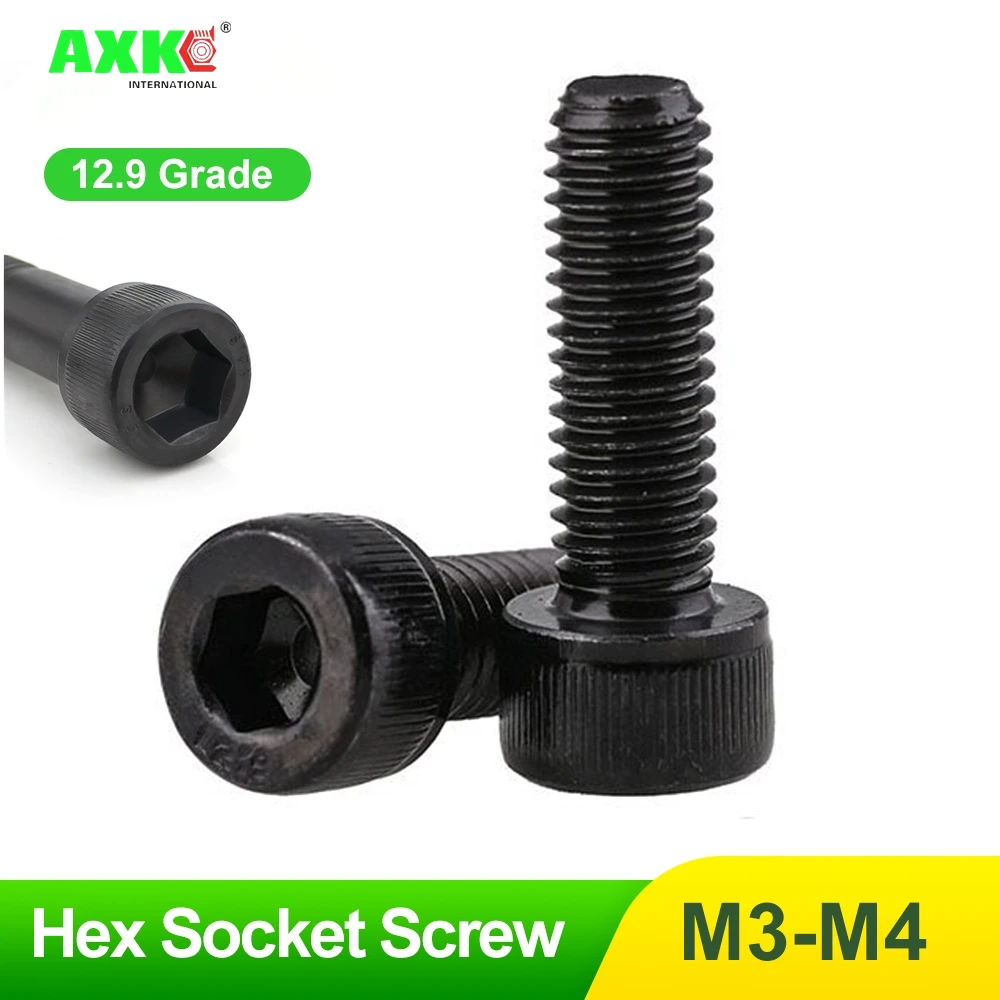 AXK  20pcs M3 M4  Grade 12.9 Black Hexagon Hex Socket Allen Head Cap Screw Din912 Allen Bolt Screw L=5-40mm