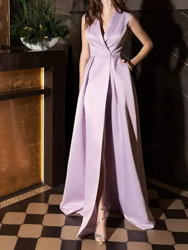 Elegante Lila Avond Formele Kleding V-Kraag Mouwloze Split Satin Prom Party Gown Celebrity Vestidos Fiesta Robe De Soiree