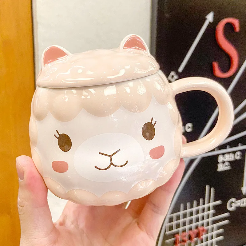 380ML Cartoon Cute Alpaca Ceramic Cup with lid Creativity Mug Household Milk Coffee Tea Christmas Gift Cup