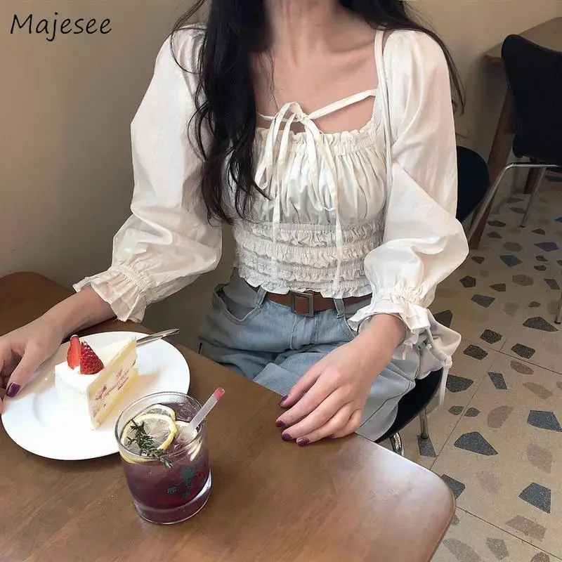 

Shirts Women Summer Lace Up Square Collar Vintage Retro Ruched Sweet Tender Elasticity French Style Ulzzang Short Tops Lady Chic