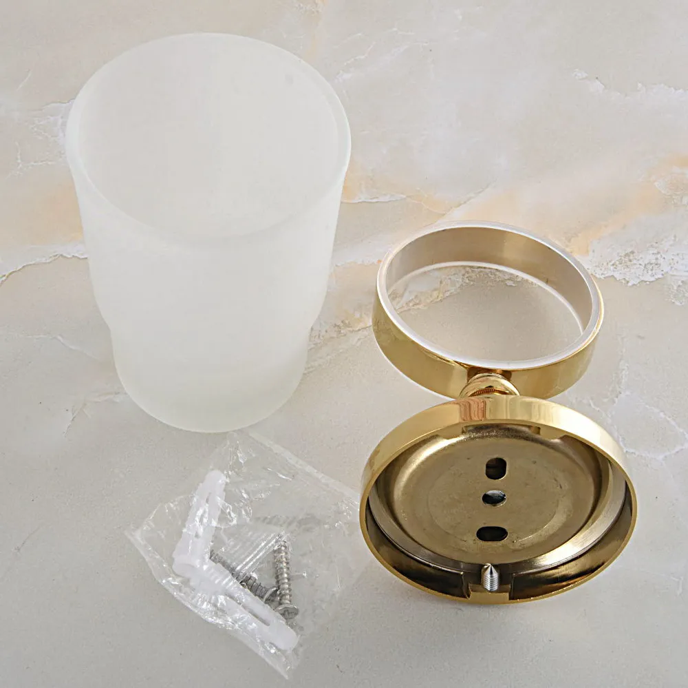 Wall Mounted Luxury Polished Gold Color Brass Bathroom Toothbrush Holder Set Bathroom Accessory Single Frosted Glass Cup mba613