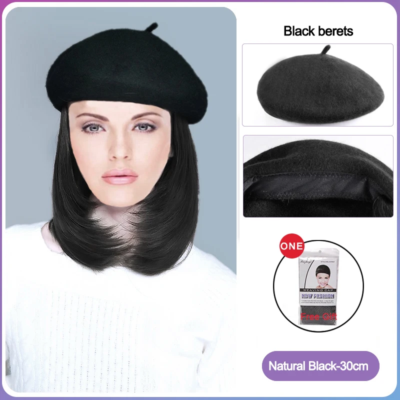 DIANQI Synthetic Hair Short Curly Hat Wigs For Women with Black Beret Naturally Connect False Hair Girl Party Hat Wig