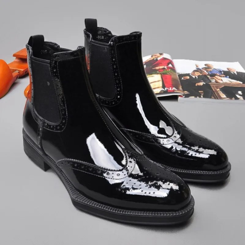 

Chelsea Boots Men Top Brand Round Toe Patent Leather Slip On Ankle Boot Fashion Formal Solid Black Carved Cowboy Botas Masculina