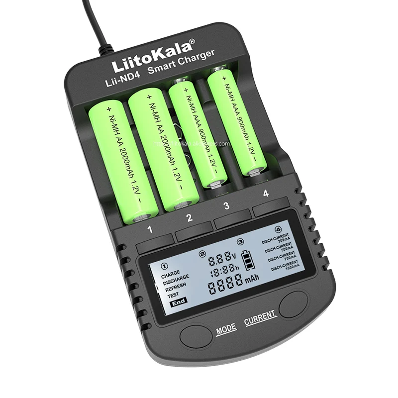 LiitoKala Lii-ND4 NiMH/Cd charger aa aaa charger LCD Display and Test battery capacity For 1.2V aa aaa and 9V batteries.