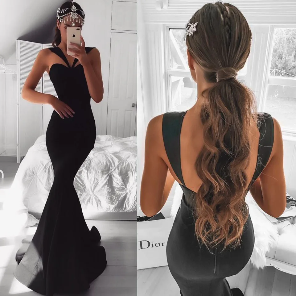 

New Sleeveless Ball Gown Mermaid Formal Dresses Black Backless Trumpet Evening Dress Sweetheart Elastic Satin Prom Party Gown