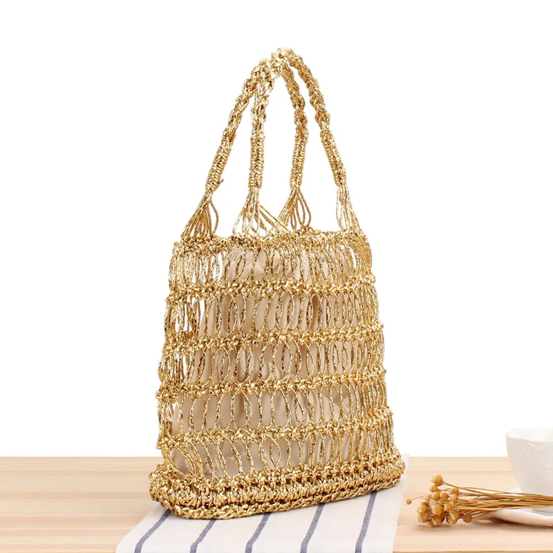 33x23CM Ins Nuovo Oro E Filo D'argento Hollow Crochet della Mano del Sacchetto di Tendenza Femminile Sen Vacanza Al Mare Della Borsa borsa di paglia a7151