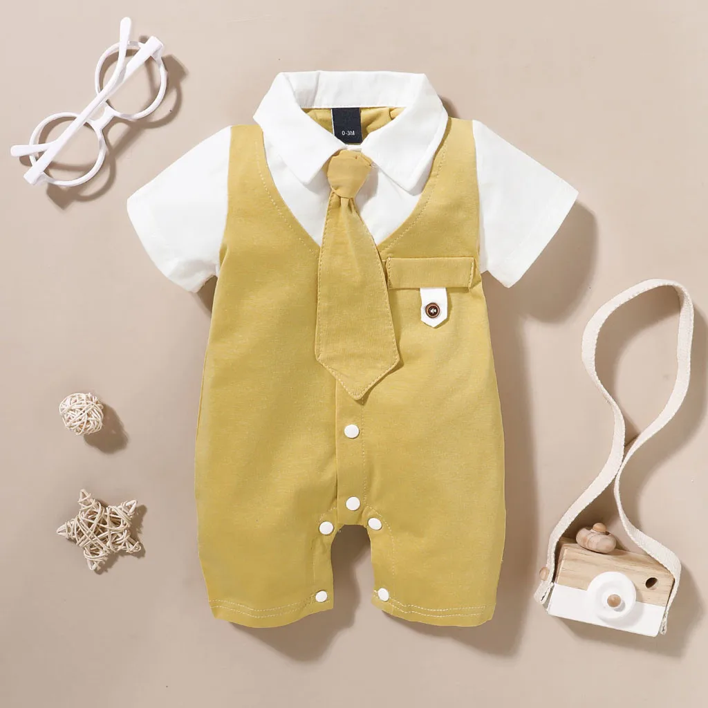 Summer Newborn Baby Boys Romper Short Sleeve Gentleman Tie Jumpsuit Infant Outfits Formal Child Boy Clothes 3 6 9 12 18 Months