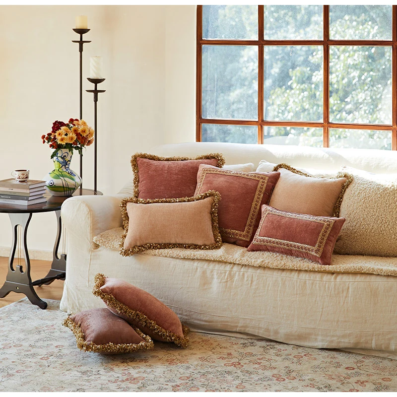 Medicci Home European Style Pillow Cover Lotus Pink Color Noble Family Living Room Sofa Luxury Cushion Case With Vintage Tassels