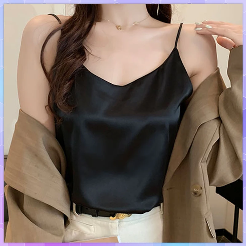 Solid Satin Tank Tops Women Thin Wild Camis Vest Female Silk Camisole Summer Sleeveless Ice Silk Strap Basic Tops Plus Size 3XL