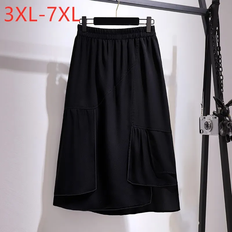 

New 2021 Spring Autumn Plus Size Skirt For Women Large Loose A-line Black Fold Midi Skirts 3XL 4XL 5XL 6XL 7XL