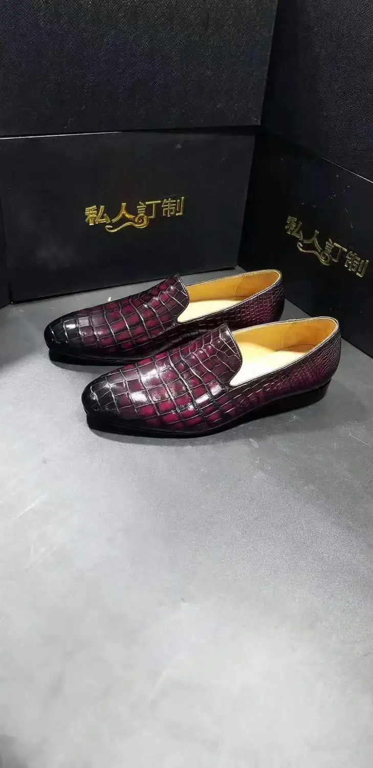 100% Genuine real crocodile skin red color men shoe durable solid 2 mixed colors shinny crocodile skin men dress business shoe