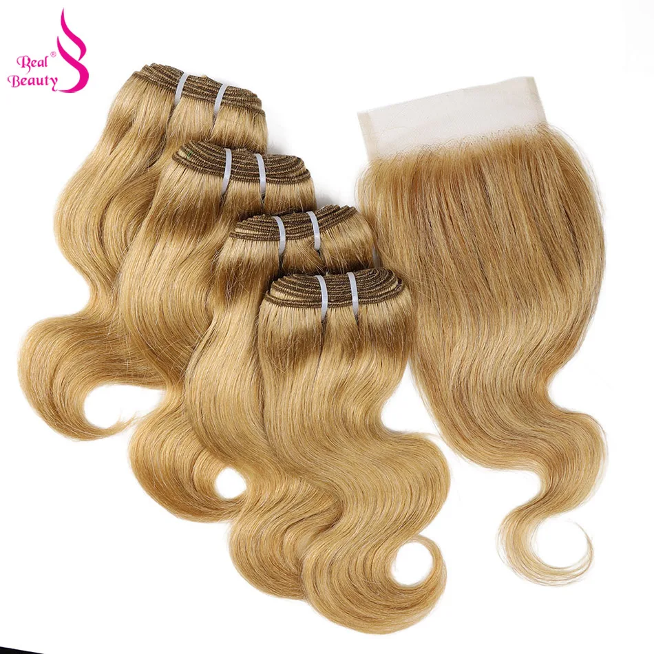 Real Beauty 4 Bundles With Closure 50g/pc Peruvian Body Wave Human Hair With Lace Closure Honey Blond 99j Remy  Wavy Hair