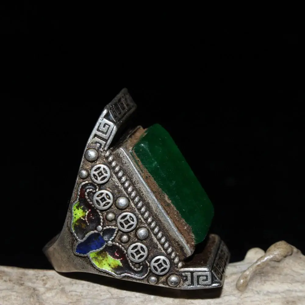 Chinese Old Craft Seiko Made Inlaid Jade Tibetan Silver Ring