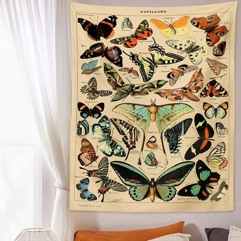 Antique Butterfly Illustration Wall Tapestry Haning Boho Millot Art Illustrated Wall Decor Farmhose Decor Vintage Wall Art