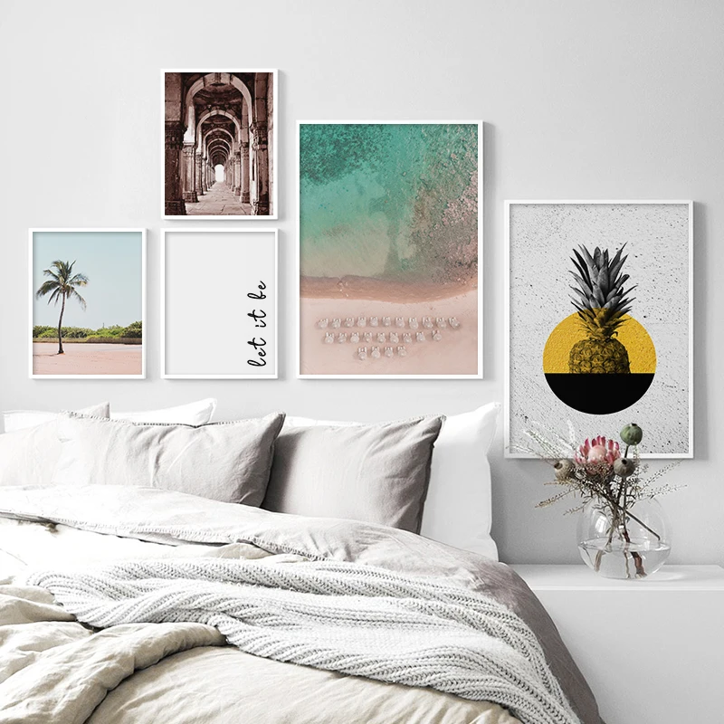 Landscape Canvas Poster Nordic Pink Ocean Beach Quote Palm Wall Art Print Painting Decorative Picture Scandinavian Home Decor