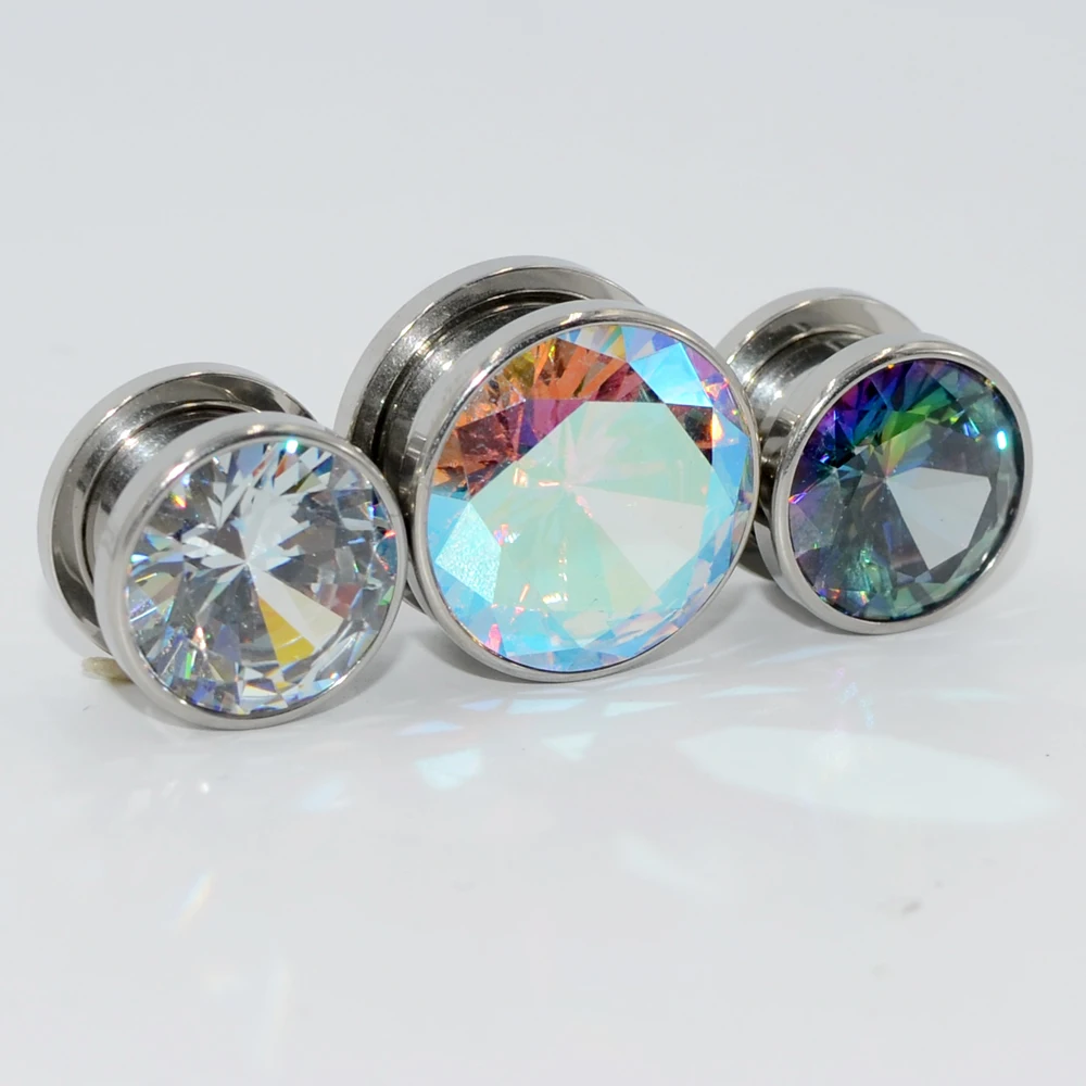 1 PAIR Surgical Steel Top Quality Crystal Cubic Zircon Screw Fit Ear Flesh Tunnel Ear Gauge Ear Expander Body Piercing Jewelry