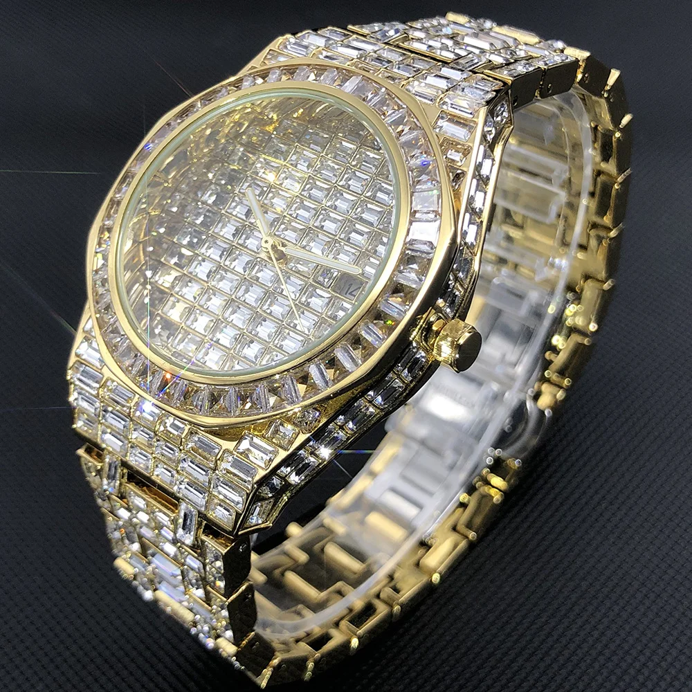 MISSFOX Hip Hop Men Watch Fully Diamond Drill Watches Stainless Steel Luxury Iced Out Quartz Clock Big Dail Relógio masculino