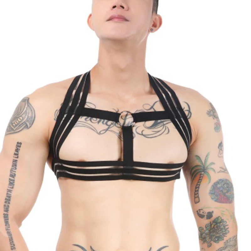 CLEVER-MENMODE Herren Körper Chest Harness Phantasie Abend Party Sexy Metall Ring Clubwear Muscle Zeigen hombre Schulter Kostüm Zentai