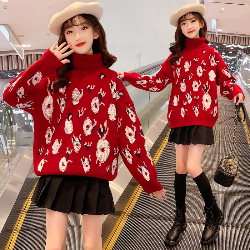 Teenage Girls Sweaters Winter Autumn Red Warm Kids Christmas Pullover Knitted Clothes Girls New Year Coat For 4 6 8 10 12 13Year