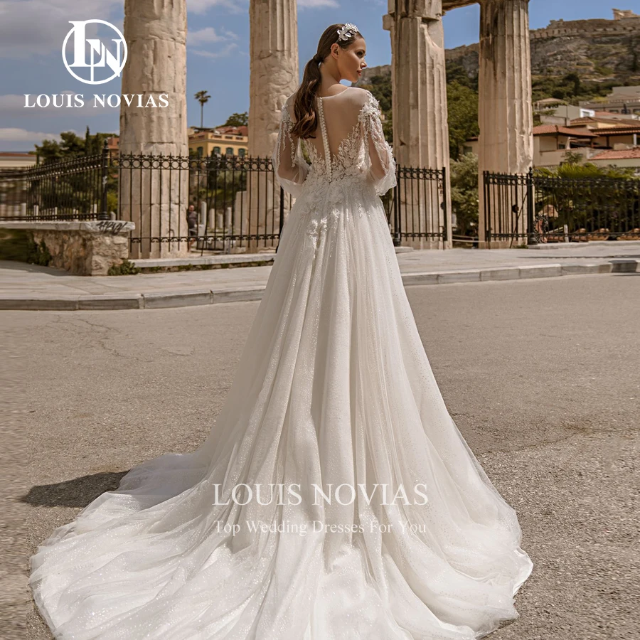 LOUIS NOVIAS A-Line Wedding Dress Sexy Appliques Flowers Sweetheart Semi-Transparent  Puff Sleeve Bridal Gown Vestidos De Novia