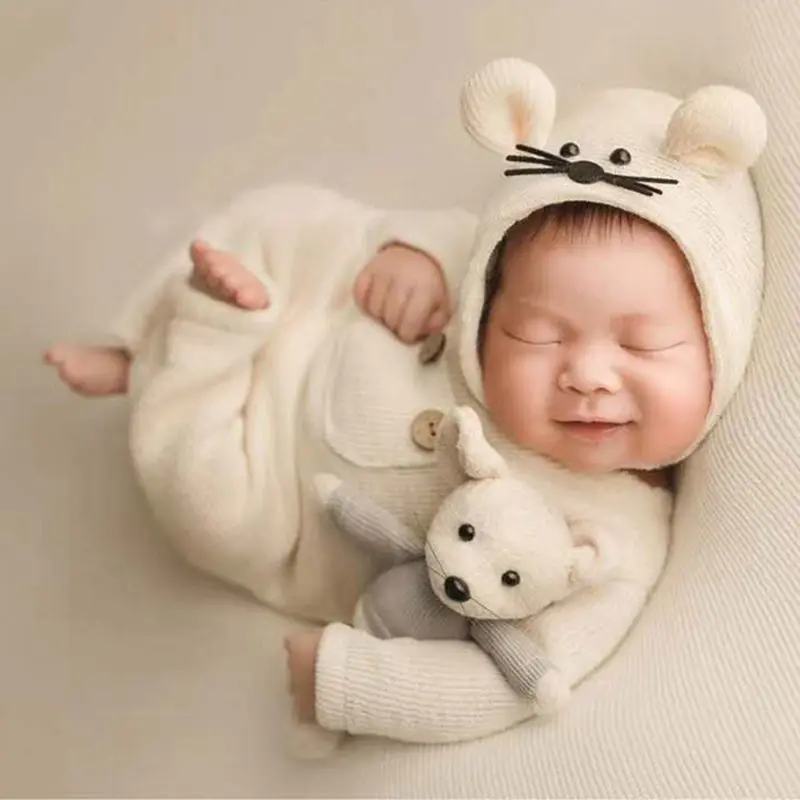 1set Newborn Photography Props Suit Knitted Cotton Jumpsuit Hat Mouse Doll Infant Photo Shooting Clothes Outfits