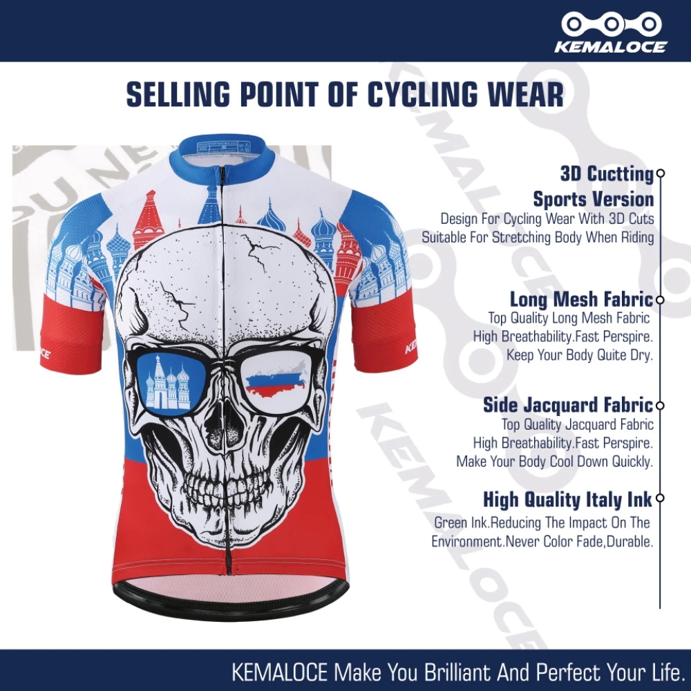 KEMALOCE Bike Jersey Russian Pro Breathable Summer Skull Racing Clothes Men Polyester Bicycle Shirts Maillot Cycling Wear