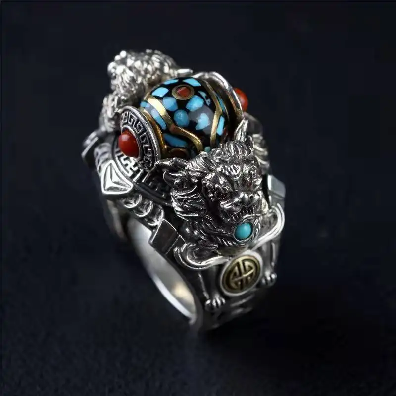 HX Silver Color Guochao Creative Retro Chinese Style Ethnic Style Handmade Beast Dzi Bead Opening Index Finger Personalized Ring