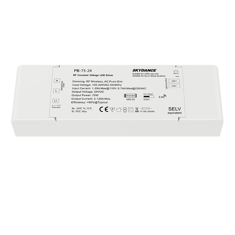 Nowy sterownik przyciemnianie LED RF 2.4G sterowanie bezprzewodowe AC 110V 220V do DC 12V 24V 75W wyjście CV stałe napięcie PB-75-24