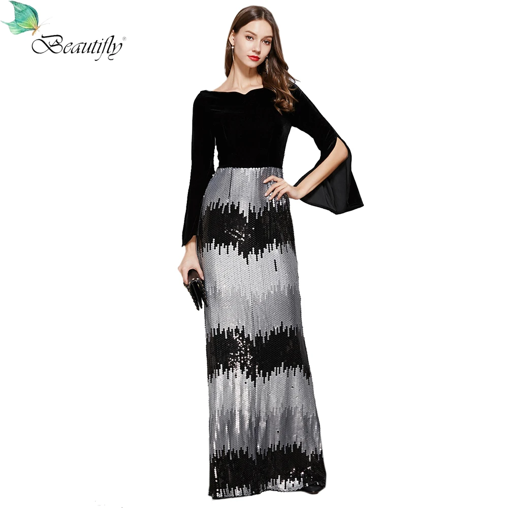 

Beautifly Sequin&Velvet Black Dress Maxi Gowns Party Floor-Length Zipper Back Female Evening Elegant Women's Prom Dresses