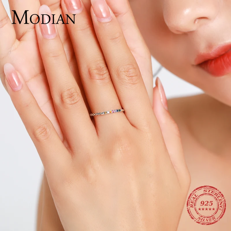 Modian 2021 New 925 Sterling Silver Colorful Rainbow Lucky Vintage Zircon Finger Ring For Women Sparkling CZ Jewelry Gift Bijoux